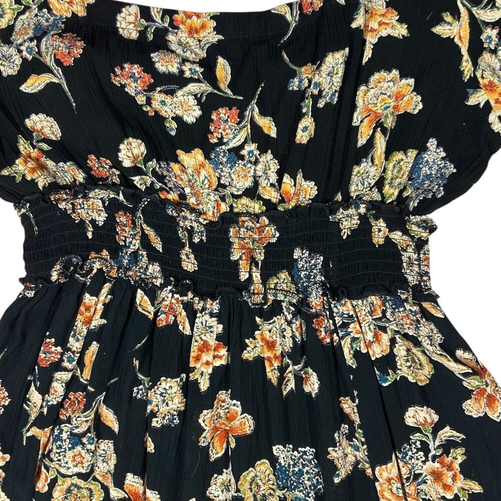 ANGIE Women’s Black Midi Dress Sz L Flowy Boho Floral High Low Smocked Slit - Picture 6 of 16